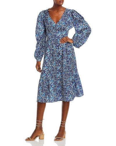 Aqua Smocked Printed Midi Dress - Blue