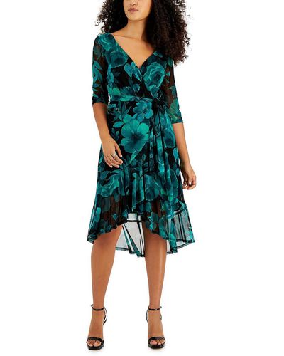 Connected Apparel Petites Floral Elbow Sleeve Wrap Dress - Green