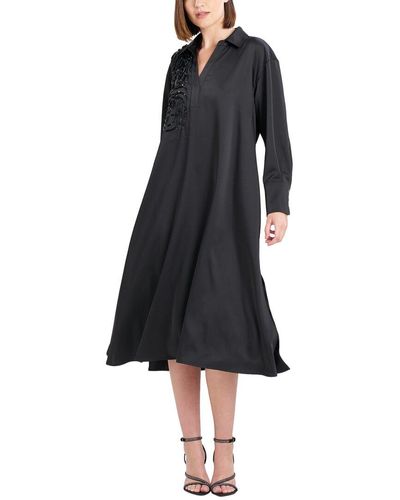 Natori Luxe Charmeuse Embroidered Oversized Shirtdress - Black