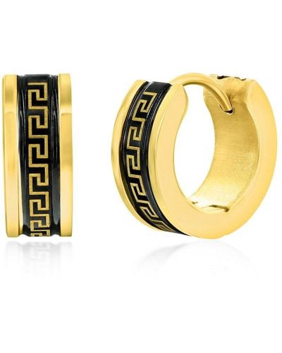 Black Jack Jewelry Stainless Steel 13mm Greek Key Hoop Earrings - Black & Gold - White