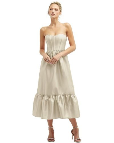 Dessy Collection Strapless Satin Midi Corset Dress With Lace-up Back & Ruffle Hem - Natural