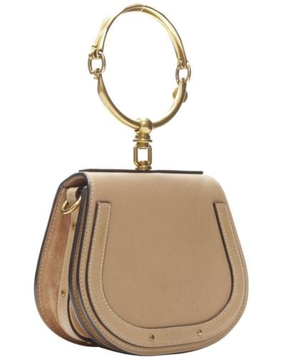 Chloé Chloe Medium Nile Gold Bangle Bracelet Handle Taupe Leather Saddle Bag - Natural