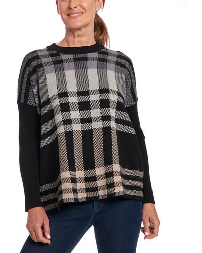 Joseph A Ribbed Sleeve Plaid Pullover Sweater - Black