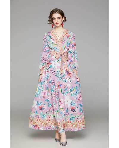 Kaimilan Pink & Flower Print Day A-line V-neck Long Sleeve Tea Dress - Gray