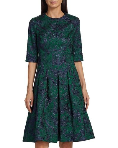 Teri Jon Elbow Sleeve Jacquard Print Box Pleat Dress - Green