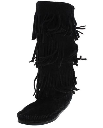 Minnetonka 3 Layer Suede Fringe Moccasin Boots - Black