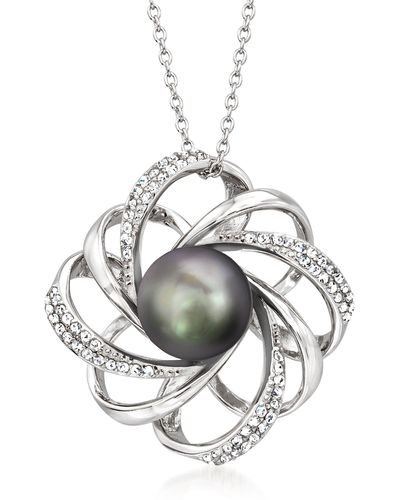 Ross-Simons 10-11mm Black Cultured Tahitian Pearl And . White Topaz Pendant Necklace - Metallic