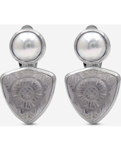 Stephen Dweck Sterling Pearl Hand Carved Natural Quartz And Mother Of Pearl Clip Earrings Sde-32012 - Metallic