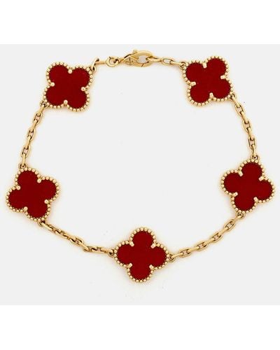 Van Cleef & Arpels Vintage Alhambra Carnelian 18k Gold 5 Motif Station Bracelet - Red