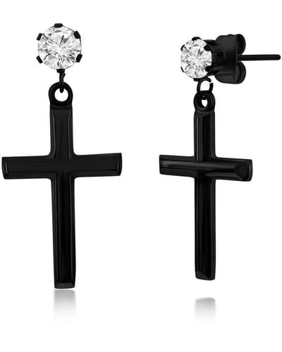 Black Jack Jewelry Stainless Steel Polished Cross & Cz Earrings - Plated - Black