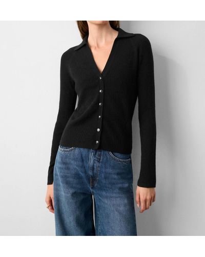 White + Warren Cashmere Ribbed Polo Top - Black