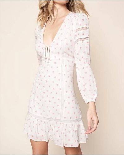 Sugarlips Floral Long Sleeve Lace Trim Mini Dress - Natural