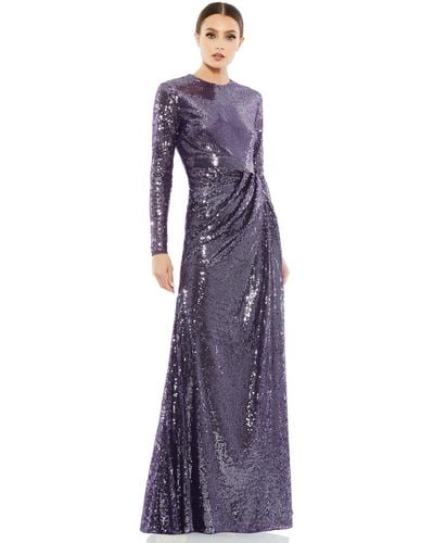 Mac Duggal Sequined High Neck Long Sleeve Draped Gown - Purple