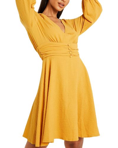 Quiz Scuba Stretch V-neck Mini Fit & Flare Dress - Yellow