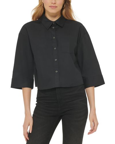 DKNY Cotton Cape Sleeves Button-down Top - Black