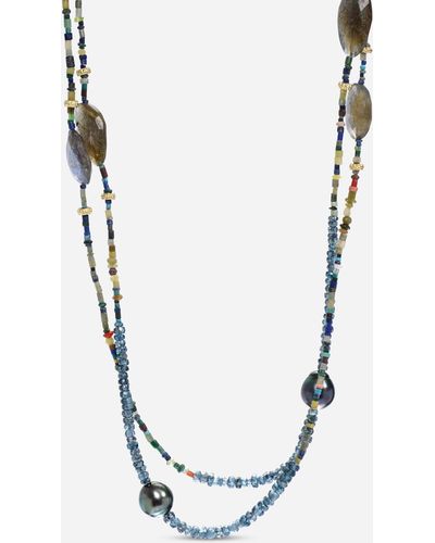 Armenta Old World Sterling Silver And 18k Yellow Gold, Imperial Kyanite And Tahitian Pearl Beaded Station Necklace - Metallic