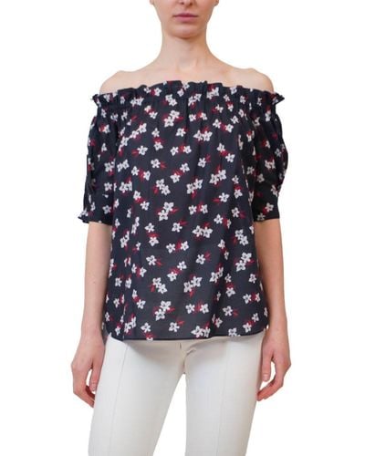 Adam Lippes Off The Shoulder Top In Printed Voile - Blue