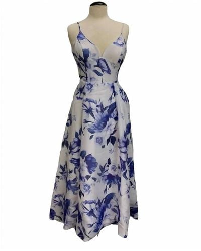 Bariano Anne Asymmetrical Floral Gown - Blue