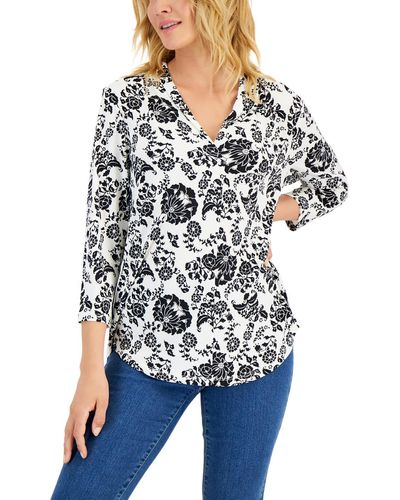 Charter Club Floral Print V-neck Blouse - White