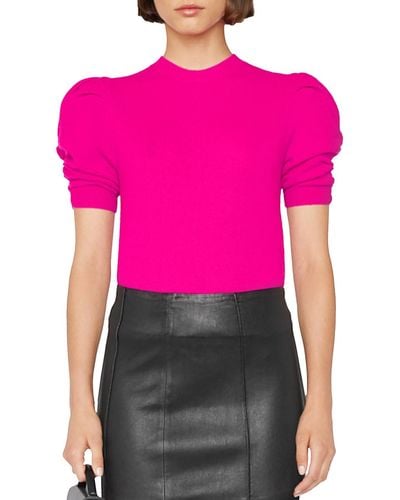 FRAME Ribbed Trim Ruched Sleeve Pullover Sweater - Pink