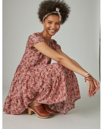 Lucky Brand Short Sleeve Babydoll Dress in Brown