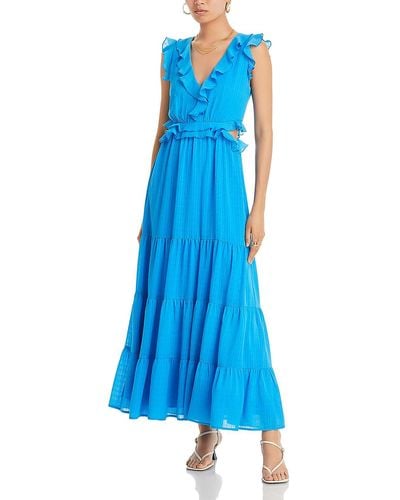 Aqua Ruffled V-neck Maxi Dress - Blue