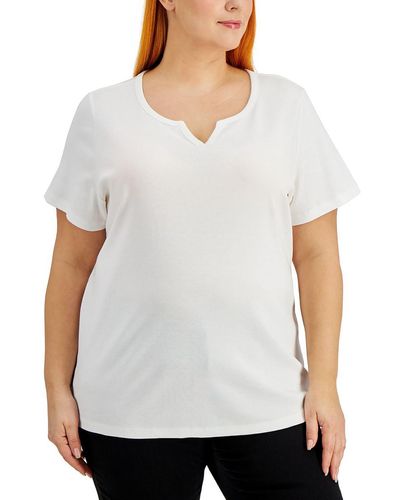 Karen Scott Cotton Split Neckline T-shirt - White