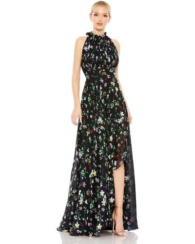 Ieena for Mac Duggal Floral Print Asymmetrical Ruffle Slit Halter Gown - Black