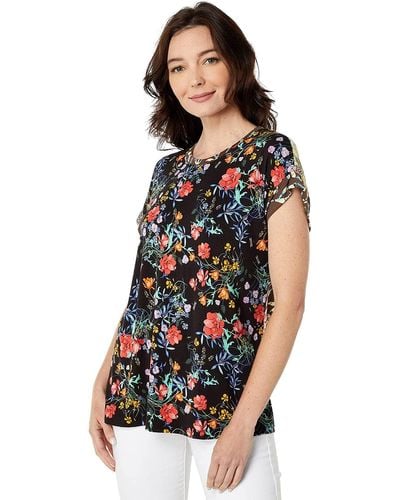 Johnny Was Floral Kashim Relaxed Bamboo Knit Tee Short Sleeves Top - Black