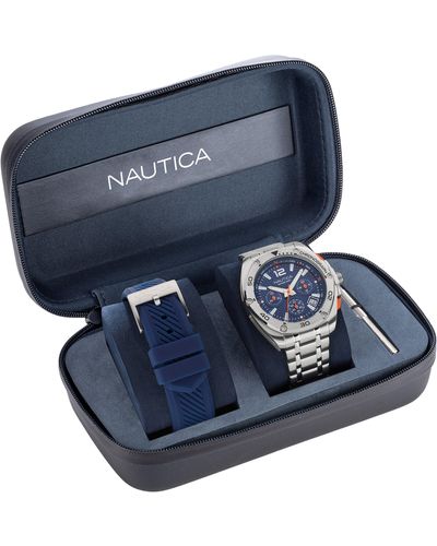 Nautica Tin Can Bay Stainless Steel And Silicone Watch Box Set - Blue