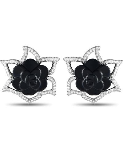 Chanel Camellia 18k White Gold 3.65ct Diamond And Onyx Earrings - Black