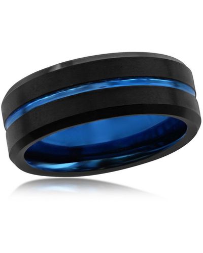 Black Jack Jewelry Matte & Polished Blue Stripe Tungsten Ring