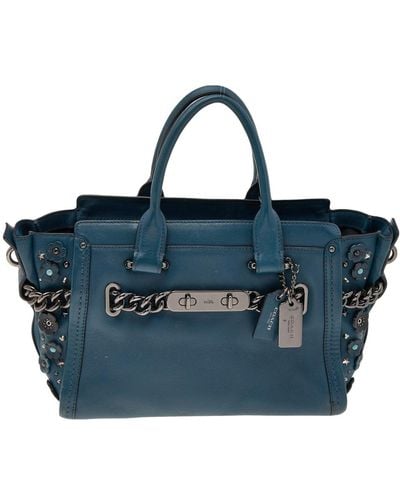 COACH Patch Embellished Leather swagger 27 Carryall Satchel - Blue