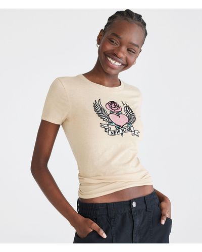 Aéropostale Winged Heart Rose Flocked Graphic Tee - Natural