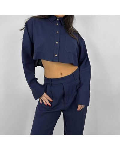 Nia Boxy Cropped Button Down Midnight Top - Blue