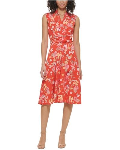 Jessica Howard Petites Daytime Surplice Fit & Flare Dress - Red