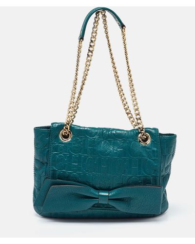 CH by Carolina Herrera Monogram Embossed Leather Bow Shoulder Bag - Blue