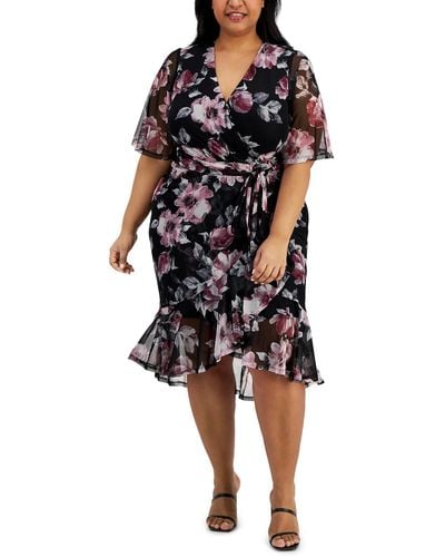 Connected Apparel Floral Belted Midi Dress - Black