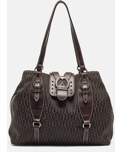 Aigner Dark Monogram Canvas And Leather Buckle Flap Tote - Black
