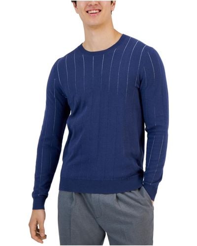 Alfani Stripe Cotton Crewneck Sweater - Blue