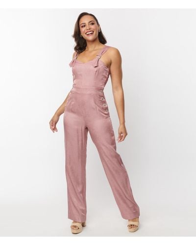 Unique Vintage Rose Chambray Tie Back Overalls - Pink