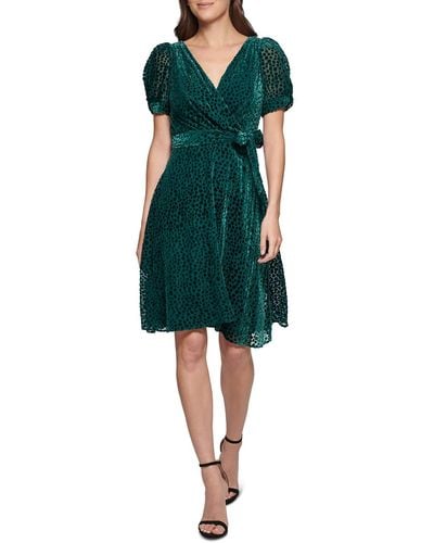 DKNY Velvet Dot Knee Fit & Flare Dress - Green