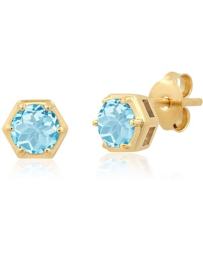 Nicole Miller Sterling Silver And 14k Yellow Gold Plated Round Cut 5mm Gemstone Hexagon Stud Earrings - Metallic