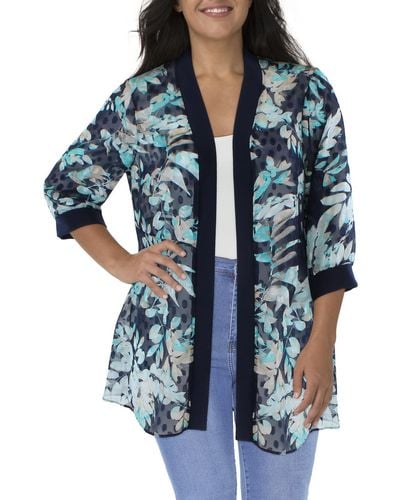 R & M Richards Printed Duster Open-front Blazer - Blue