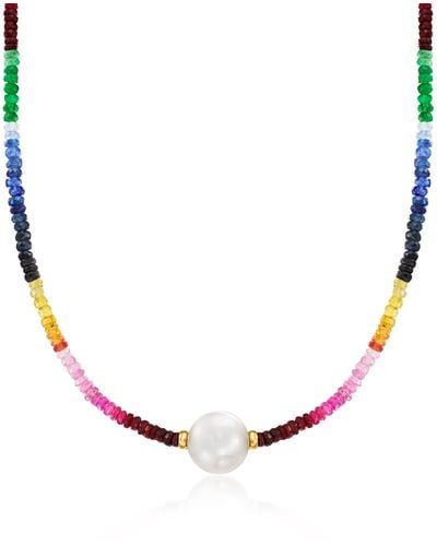Ross-Simons 11.5-12.5mm Cultured Pearl And Multicolored Sapphire Bead Necklace - Brown