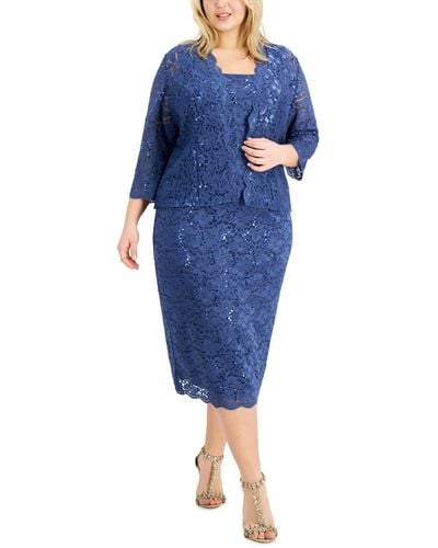 SLNY Plus Fashions Lace Midi Evening Dress - Blue