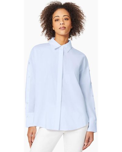 Jones New York Button Sleeve Drop Shoulder Cotton Poplin Shirt - Blue