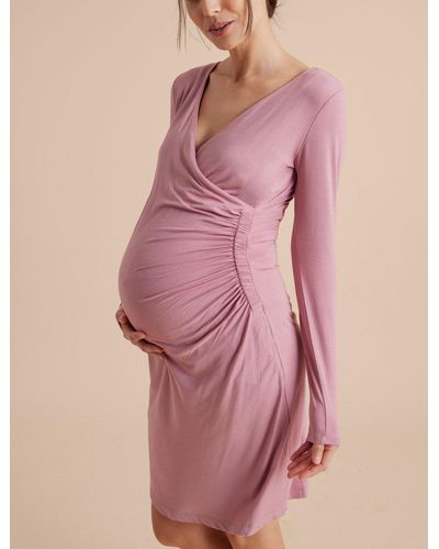 A Pea In The Pod Long Sleeve Side Ruched Wrap Maternity Dress - Pink
