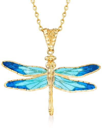 Ross-Simons Italian Blue Enamel And 18kt Yellow Gold Dragonfly Pendant Necklace