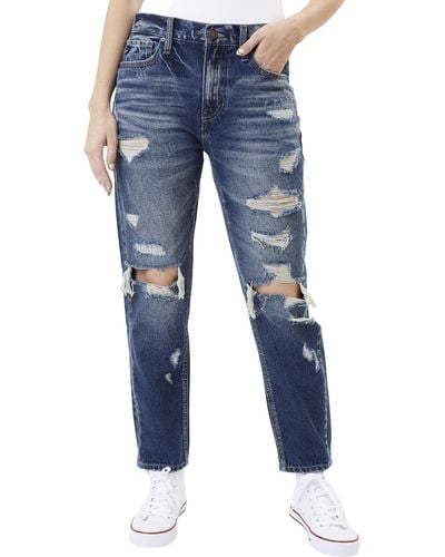 Kancan High Rise Distressed Mom Jeans - Blue